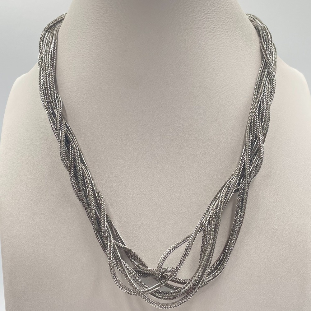 Vintage 1980s Multi Strand Silver Tone Foxtail Mesh Statement Necklace Retro